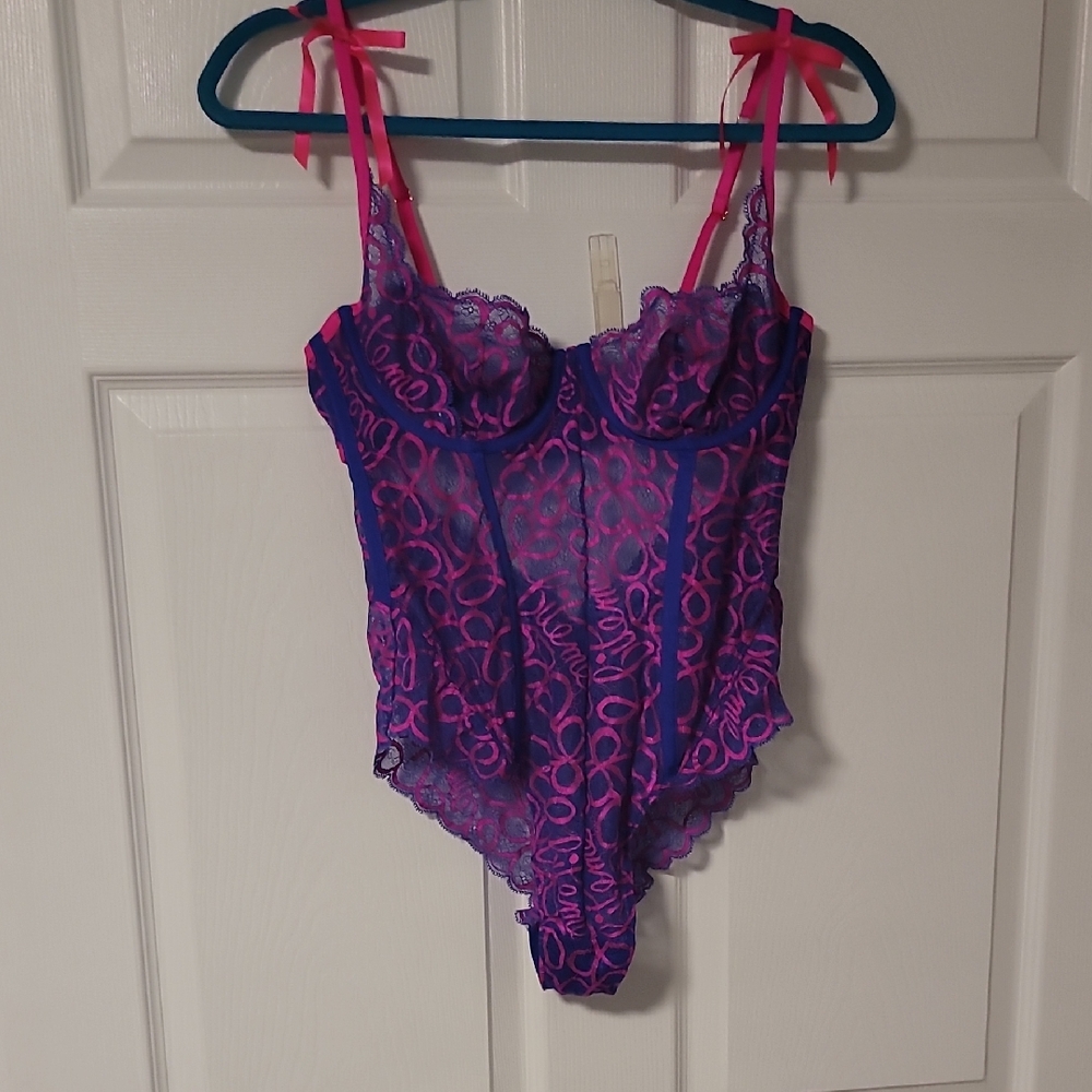 Savage Fenty Lace Bodysuit in Pink and Purple